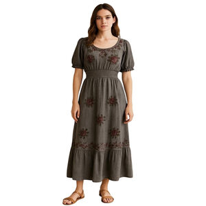 Maxi Dress XXL Gray Hippie Embroidered Boho Tiered Puff Sleeve Cottagecore NWT